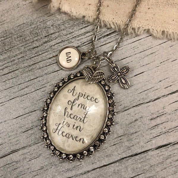 A piece of my heart is in heaven glass pendant necklace with optional personalized name charms - Kole Jax DesignsA piece of my heart is in heaven glass pendant necklace with optional personalized name charms