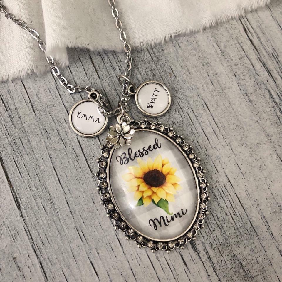 Custom Sunflower pendant necklace with optional personalized name charms