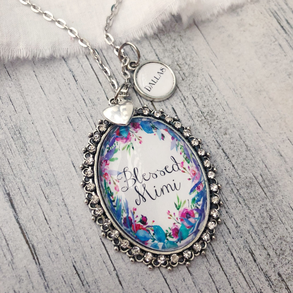 Floral Custom Glass Oval Pendant necklace with optional name charms