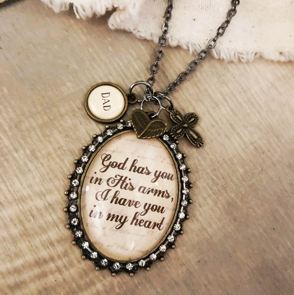 Glass God has you in His arms I have you in my heart necklace with optional personalized charms