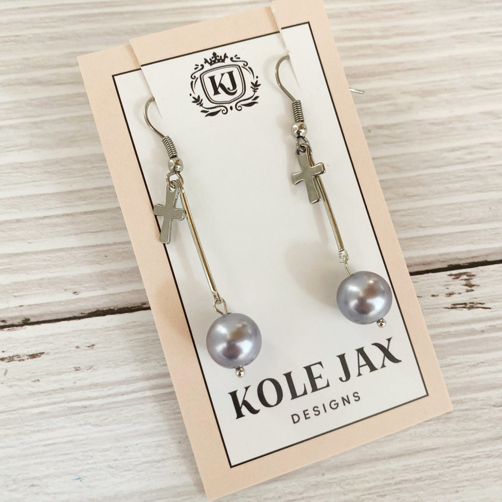 Gray Pearl and Cross Dangle Earrings