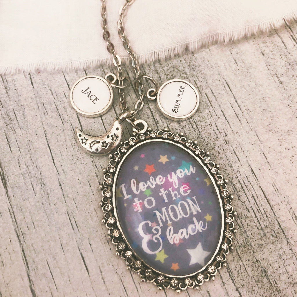 I love you to the moon and back galaxy background glass pendant necklace with optional name charms antique silver