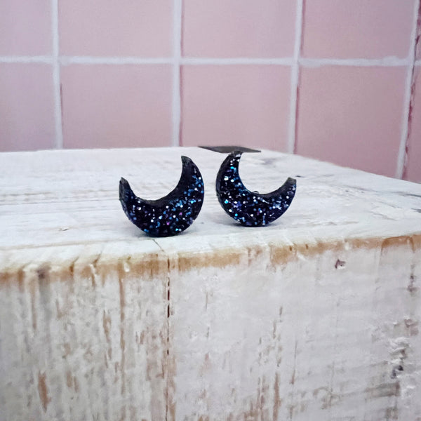 Glitter Resin Crescent Moon Stud Earrings