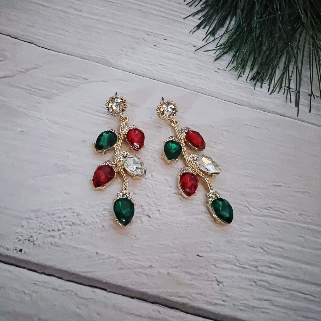 Red and Green Rhinestone Christmas Light Earrings