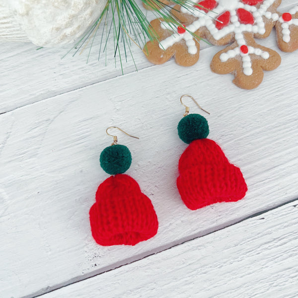 Christmas Pom Pom Beanie Earrings- Red