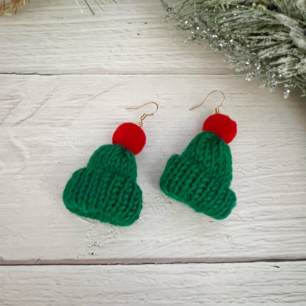 Christmas Pom Pom Beanie Earrings- Green