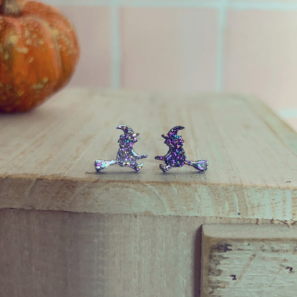 Glitter Resin Witch on Broom Earrings
