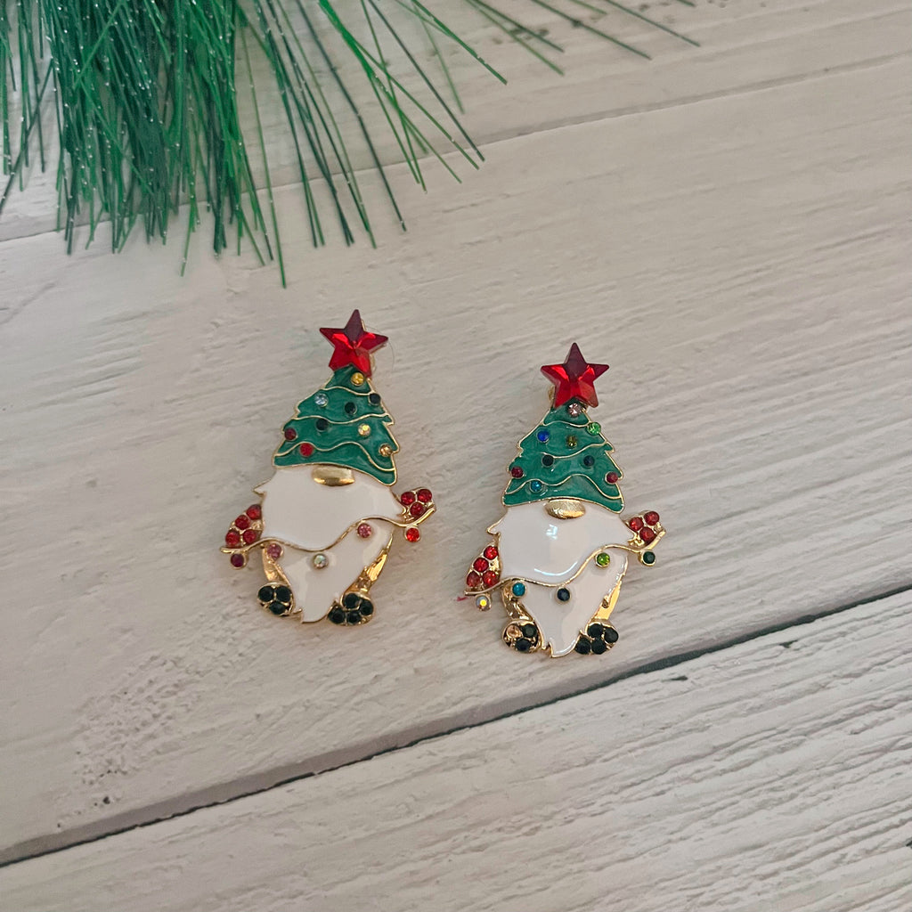 Rhinestone Gnome Earrings Green Hat