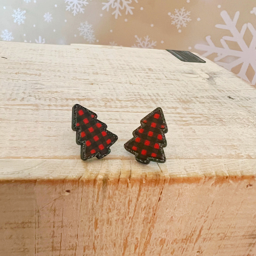 Buffalo Plaid Black Glitter Christmas Tree Earrings