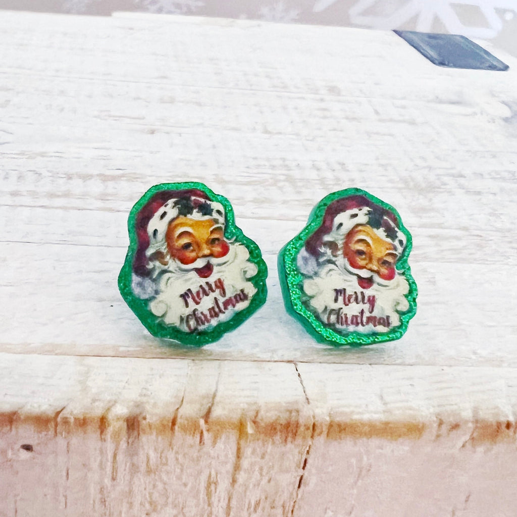 Santa Earrings- Green Glitter