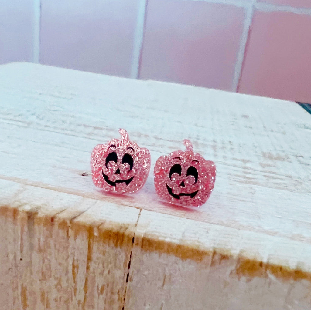 Glitter Resin Pink Jack-o-Lantern Stud Earrings