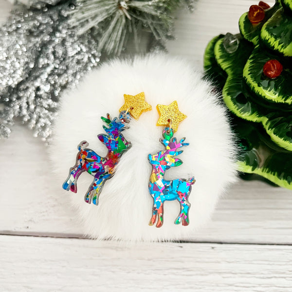 Reindeer Dangle Earrings Holographic Glitter