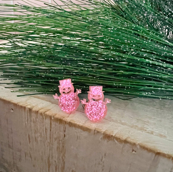 Glitter Resin Pink Snowmen Earrings
