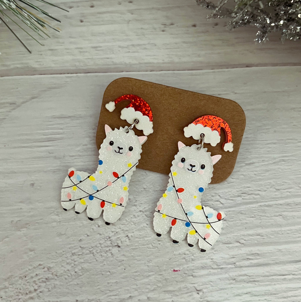 Glitter Christmas Llama Dangle Earrings