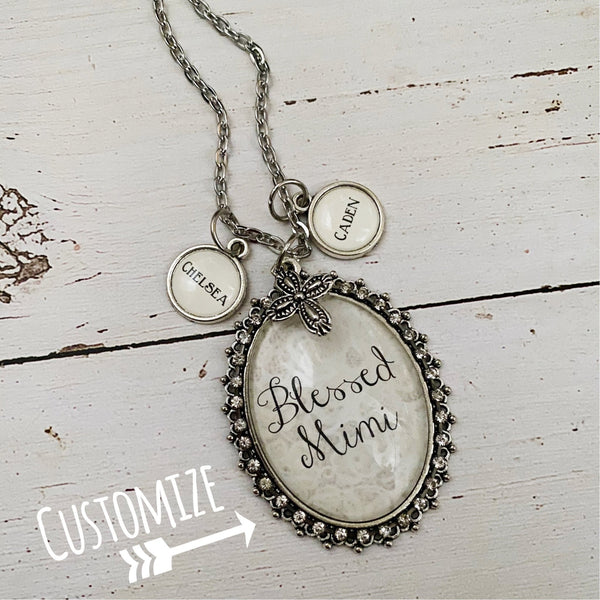 Ivory Lace Custom Glass Oval Pendant necklace with optional name charms