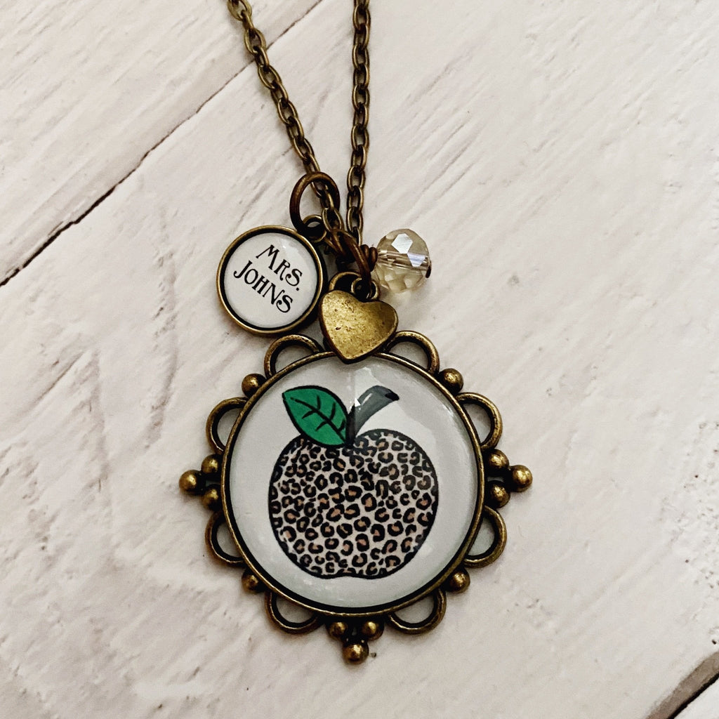 Leopard Apple Teacher Necklace with name charm