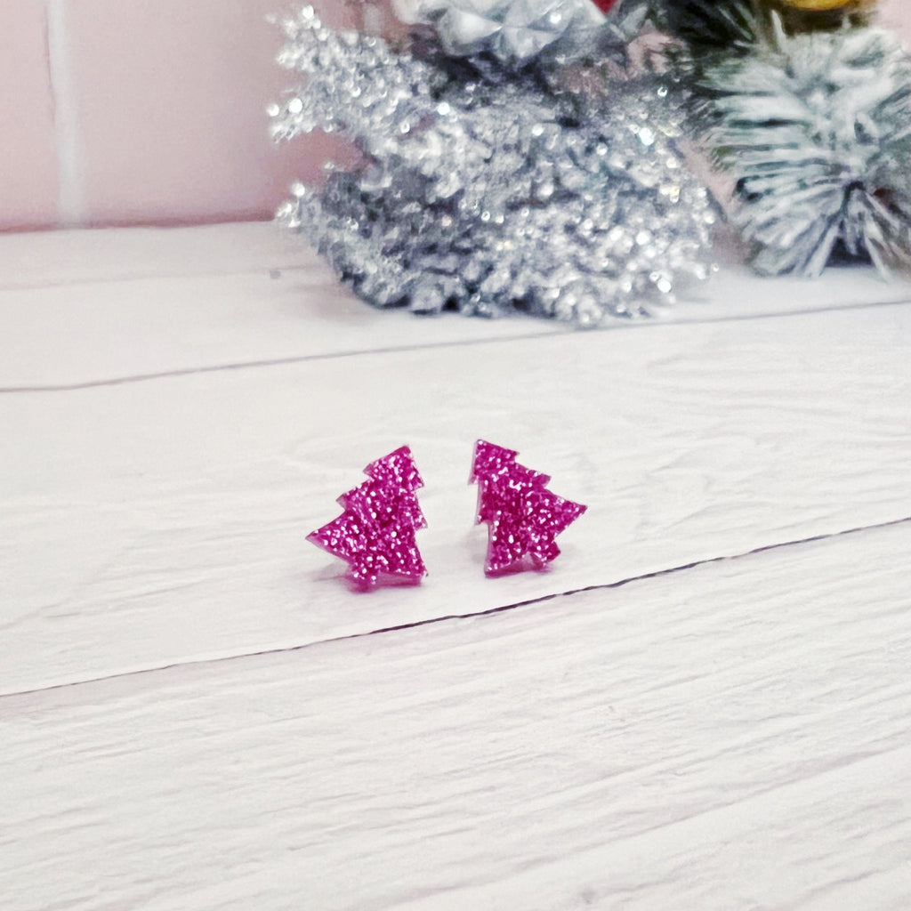 Pink Glitter Resin Christmas Tree Earrings - Kole Jax DesignsPink Glitter Resin Christmas Tree Earrings