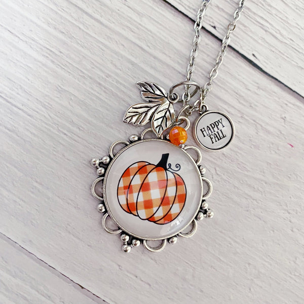 Plaid Pumpkin Necklace Happy Fall Charm - Kole Jax DesignsPlaid Pumpkin Necklace Happy Fall Charm