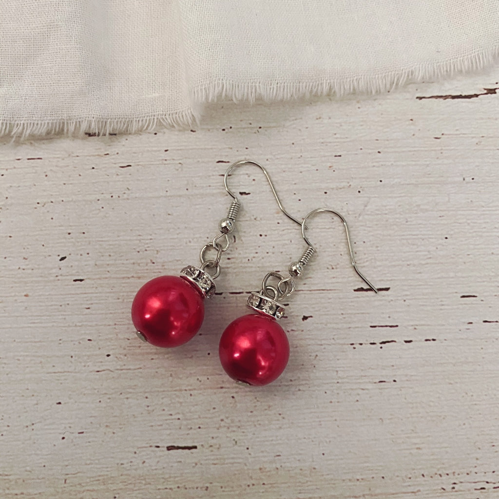 Red Pearl and Rhinestone Earrings - Kole Jax DesignsRed Pearl and Rhinestone Earrings