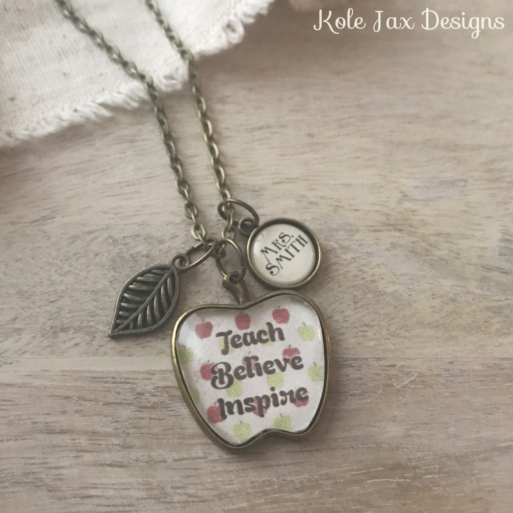 Teach Believe Inspire apple pendant teacher necklace with name charm - Kole Jax DesignsTeach Believe Inspire apple pendant teacher necklace with name charm